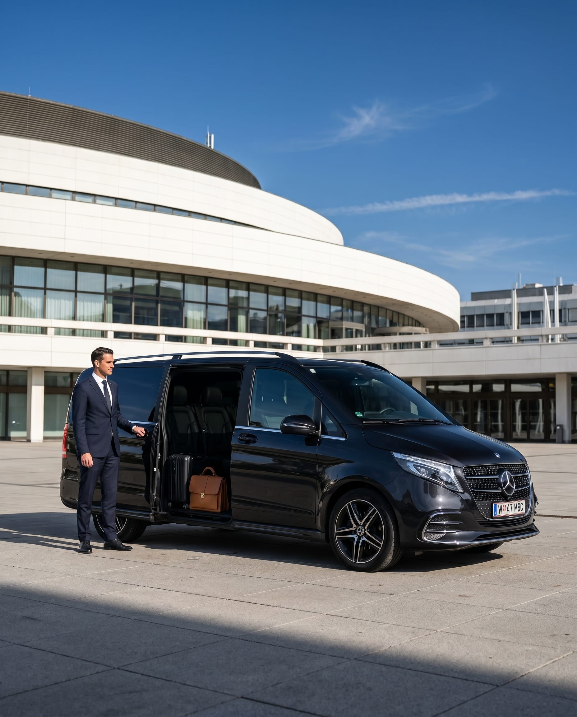 Konvoi schwarzer Mercedes V-Klassen vor einer Wiener Eventlocation