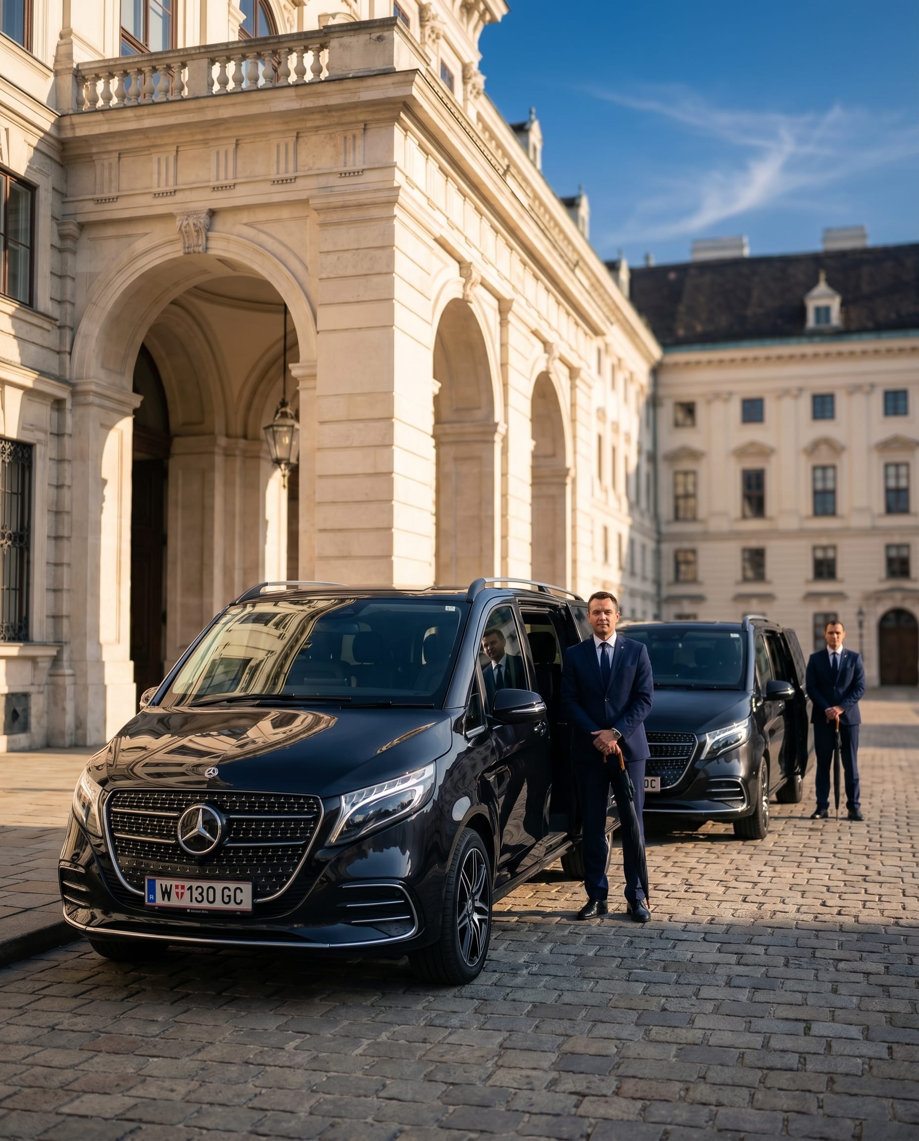 Geschäftsreisende steigen vor dem Austria Center Vienna in eine Mercedes V-Klasse